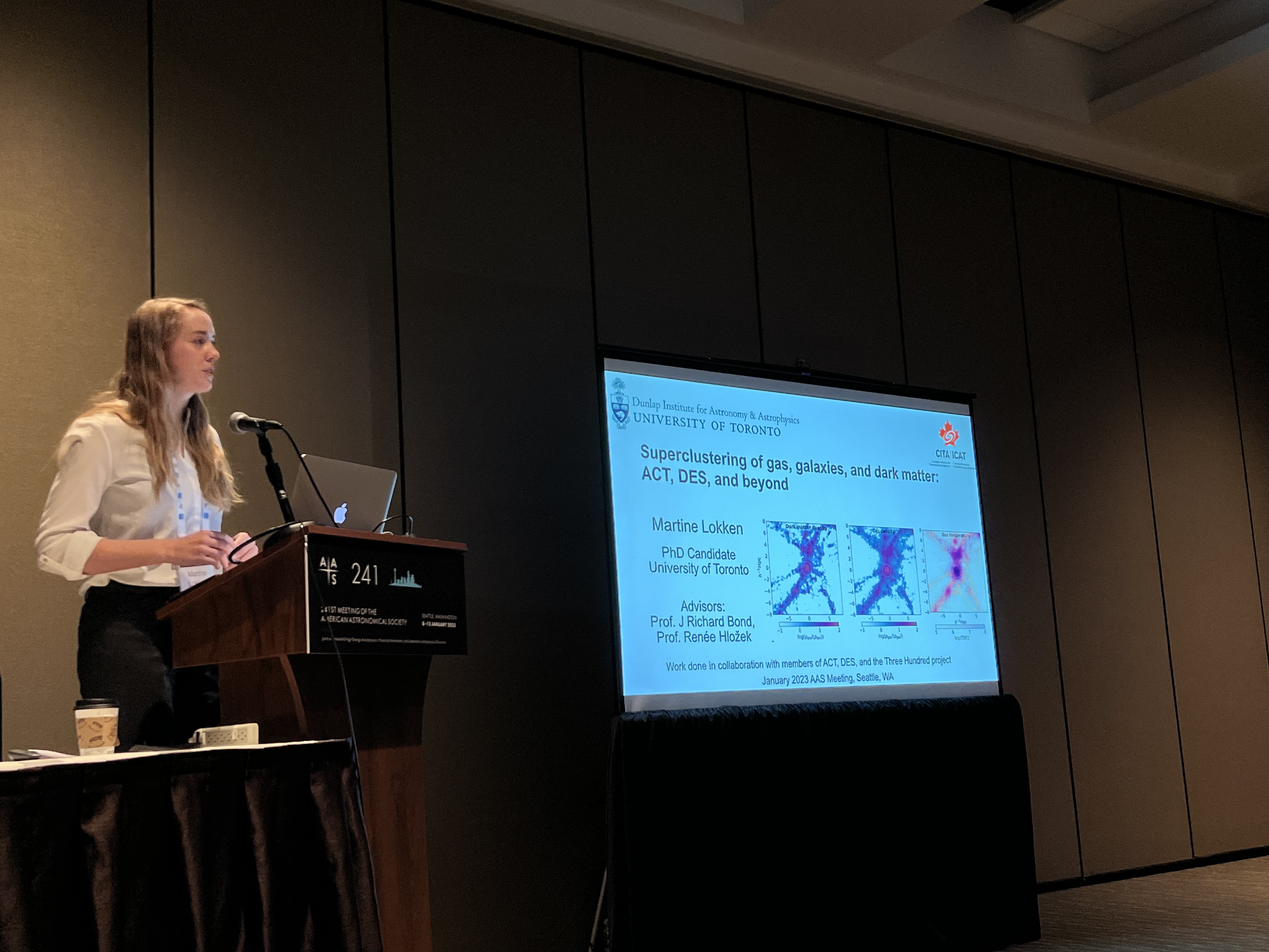 Image of me giving a talk at the AAS 2023 winter meeting, special session Cross-Correlating Galaxy Surveys and the CMB: New Probes of Cosmology.